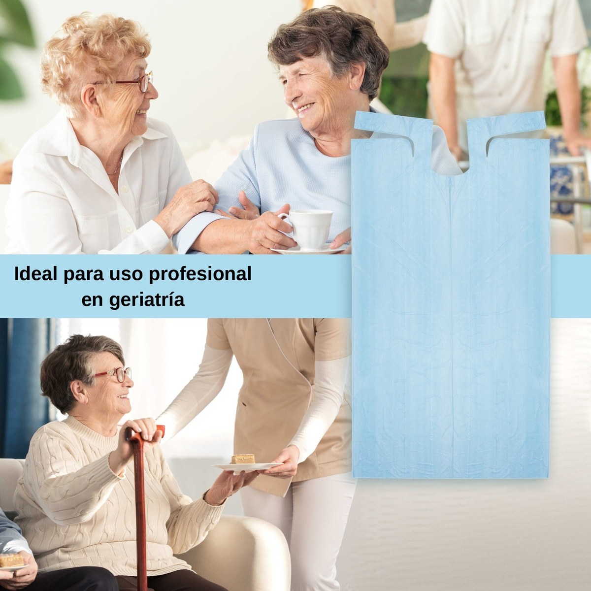Babero de plástico azul para uso profesional en geriatría