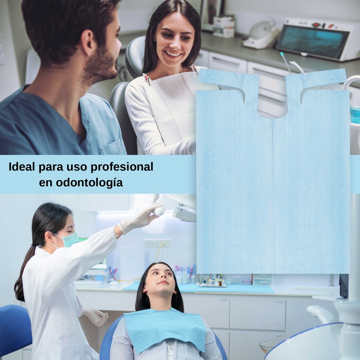 Babero de plástico azul para uso profesional en odontología
