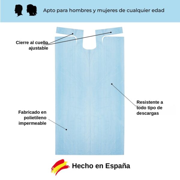 Partes del babero de plástico azul: cierre al cuello ajustable, polietileno impermeable, hecho en España