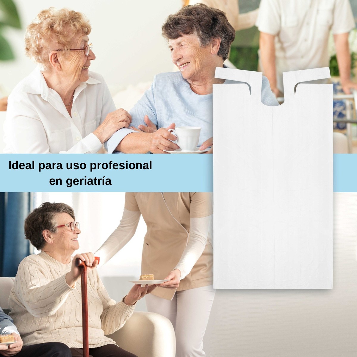 Babero de plástico blanco para uso profesional en geriatría