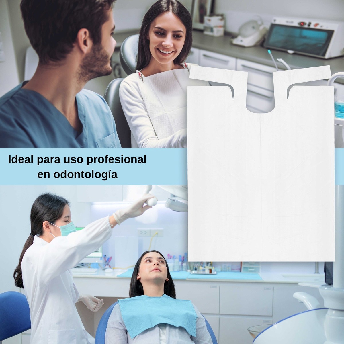 Babero de plástico blanco para uso profesional en odontología