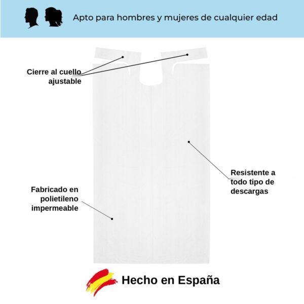 Partes del babero de plástico blanco: cierre al cuello ajustable, polietileno impermeable, hecho en España