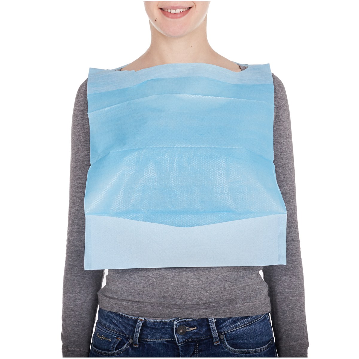 Babero desechable azul para adultos con bolsillo recogemigas