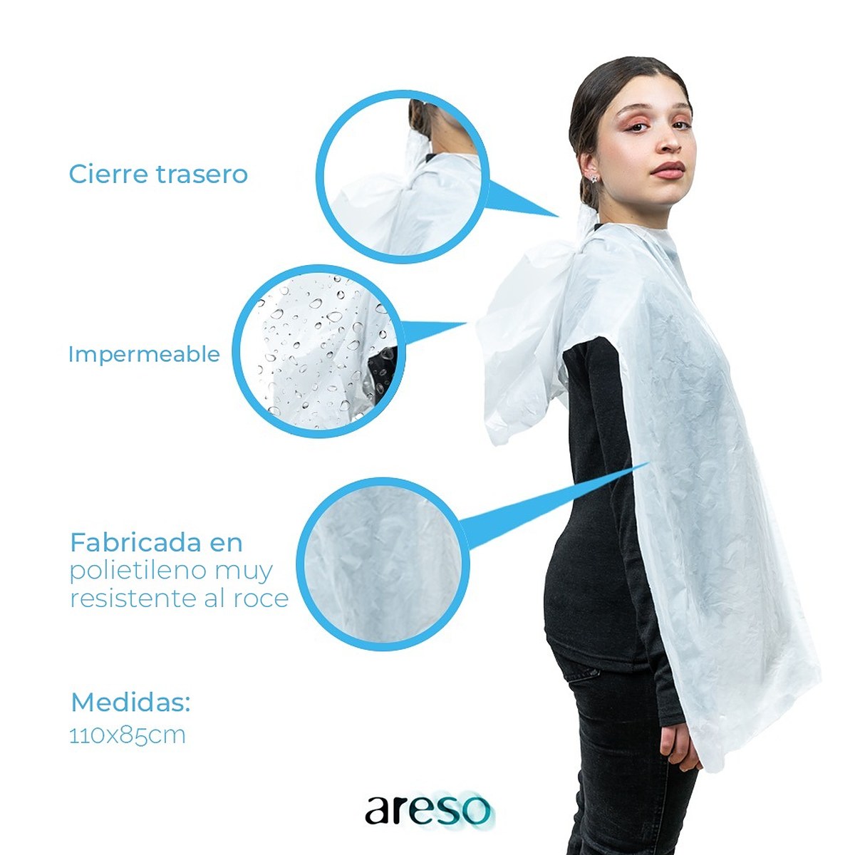 Características de la capa de tinte desechable: cierre trasero, impermeable, 110 x 85 cm