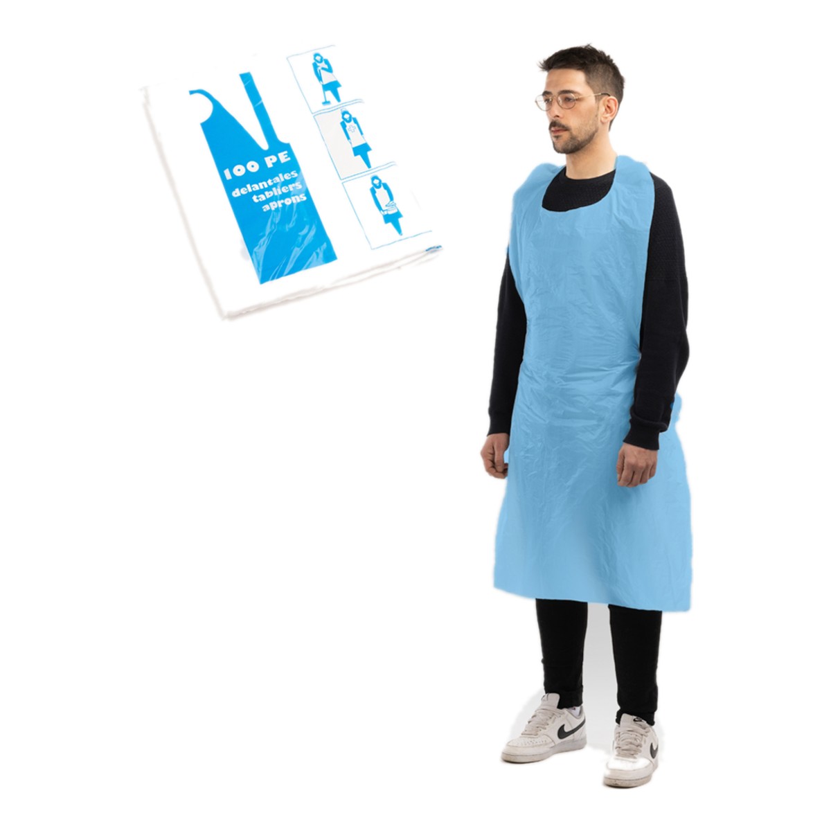 Delantal desechable de plástico azul puesto y bolsa de 100 unidades