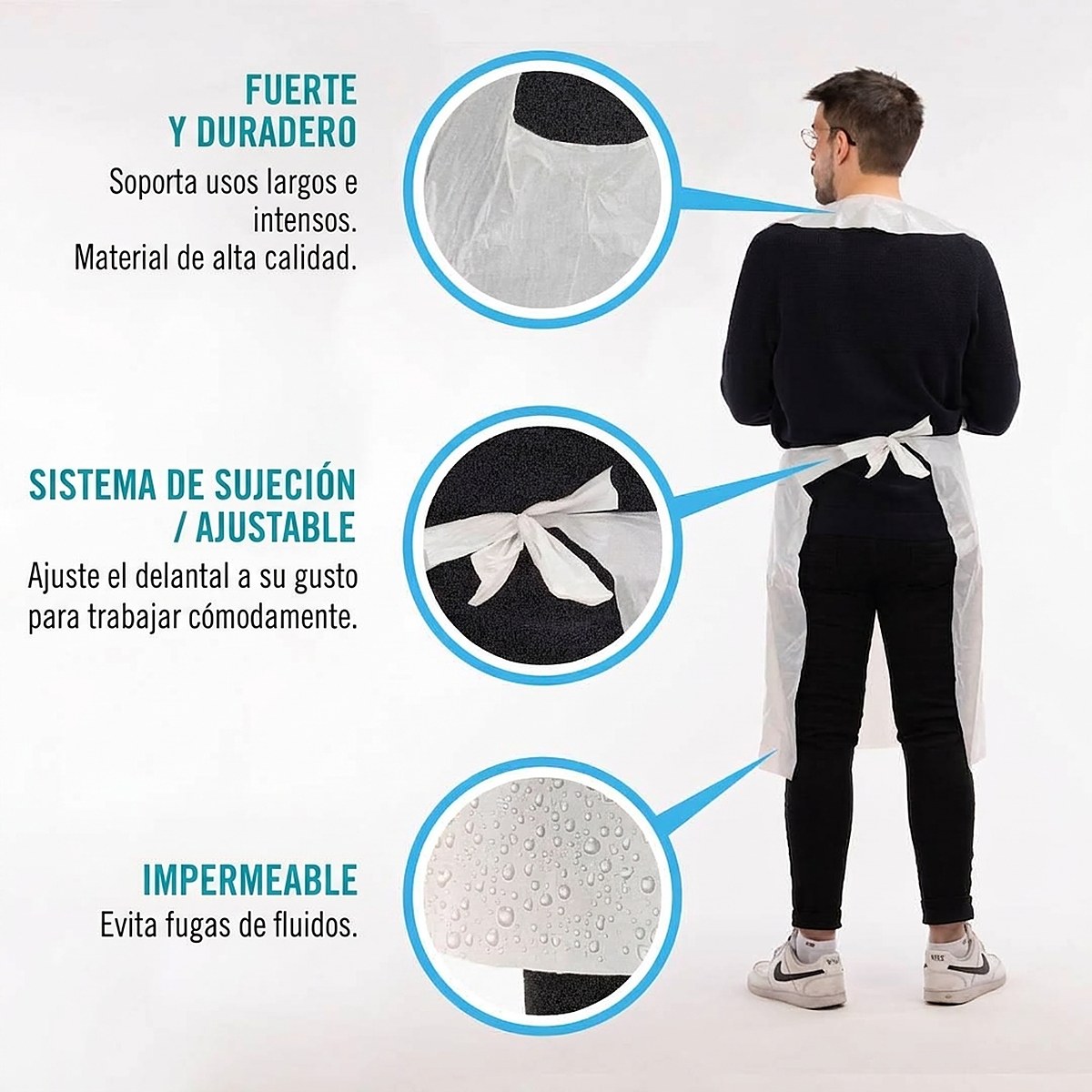 Características del delantal desechable: fuerte, ajustable e impermeable