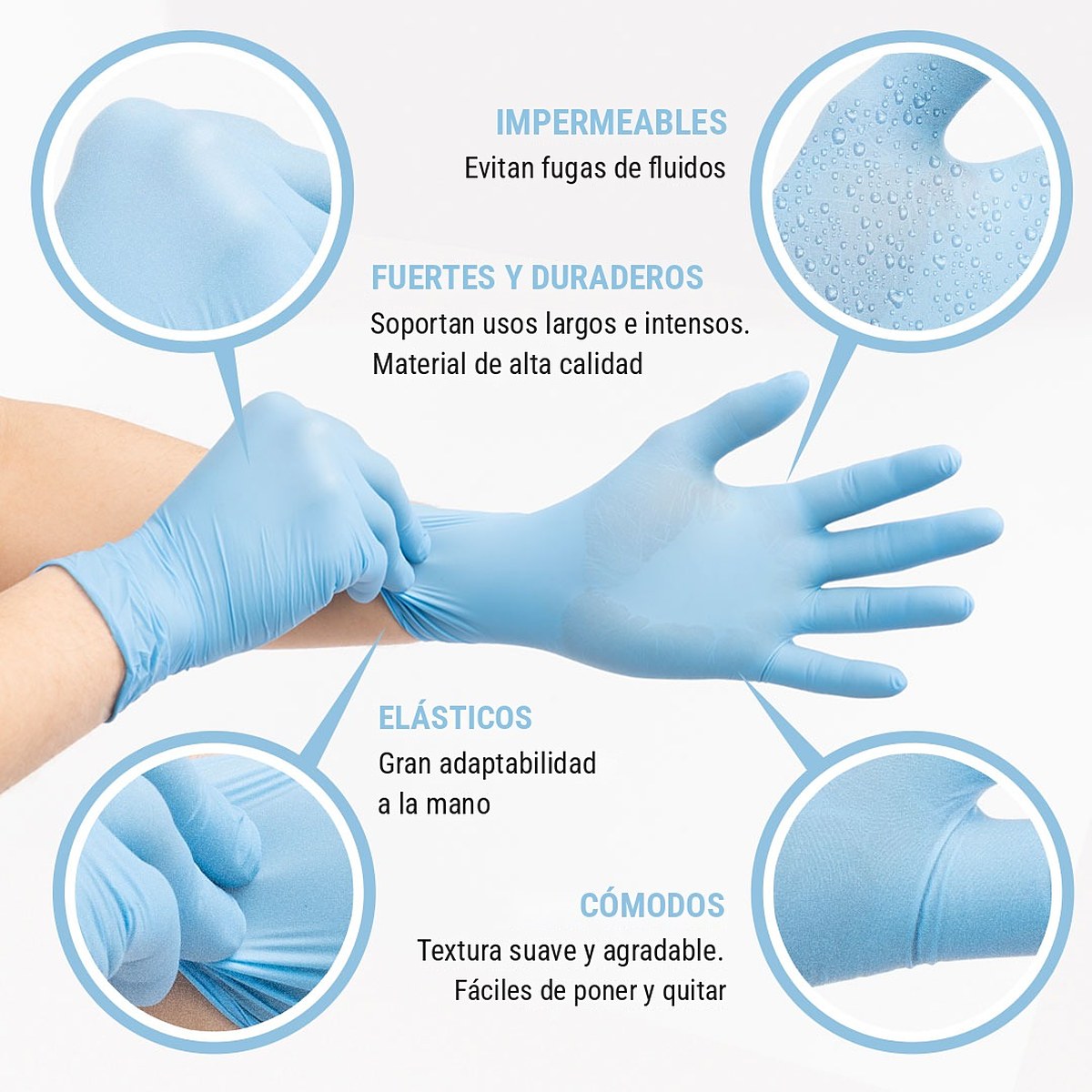 Características de los guantes de nitrilo azul: impermeables, fuertes, elásticos y cómodos
