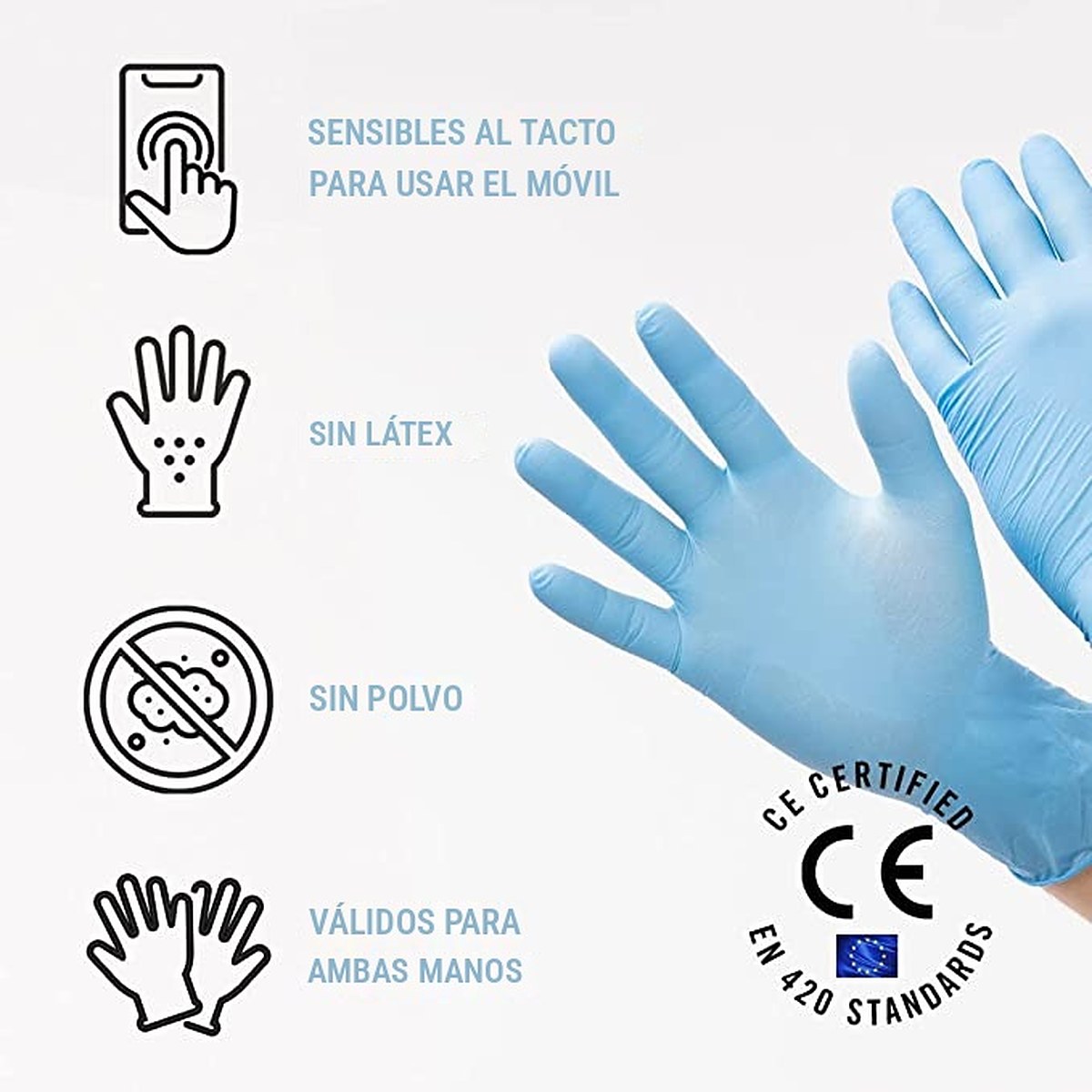 Guantes de nitrilo azul sin látex y sin polvo, compatibles con pantallas táctiles