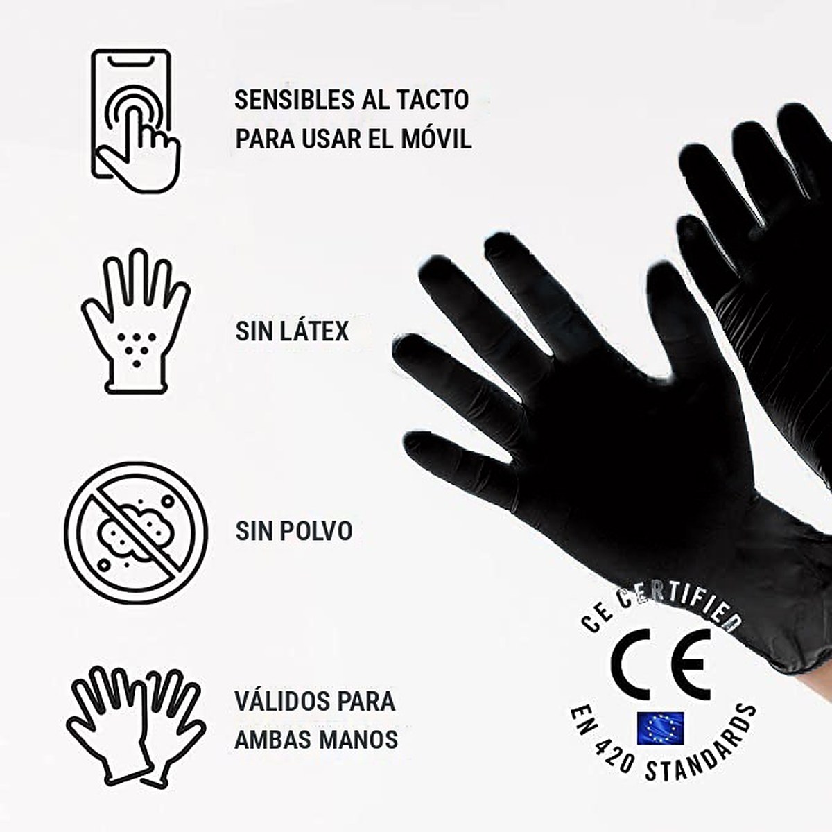 Guantes de nitrilo negro sin látex y sin polvo, compatibles con pantallas táctiles