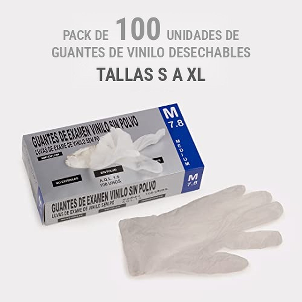 Caja de 100 guantes de vinilo desechables, tallas S a XL