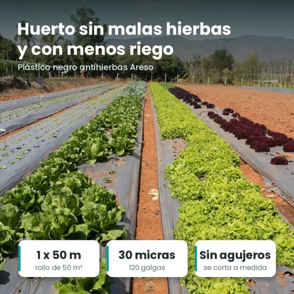 Plástico negro antihierbas Areso: rollo de 1 x 50 m, 30 micras y sin agujeros